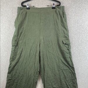 Jessica Simpson wide leg pull on cargo trouser pants XL olive green linen blend